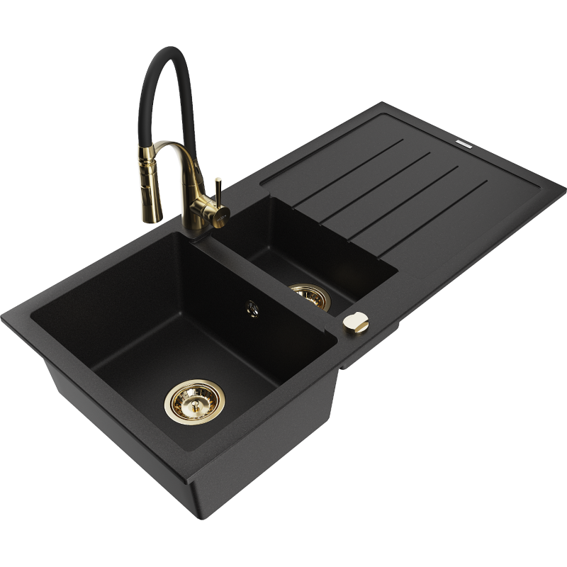 Mexen Andres lava-loiça em granito 1,5 bacias com escorredor e torneira de cozinha Aster, preto - 6515-77-73450-57-G