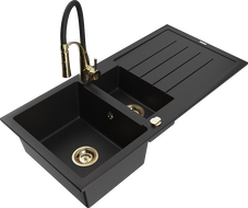 Mexen Andres 1.5-bowl granite sink with drainer and Aster kitchen faucet, black - 6515-77-73450-57-G