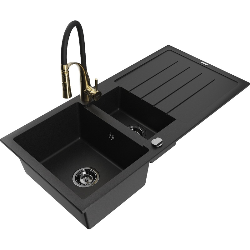 Mexen Andres 1,5-Becken Granitspüle mit Abtropffläche und Küchenarmatur Aster, schwarz - 6515-77-73450-57-B