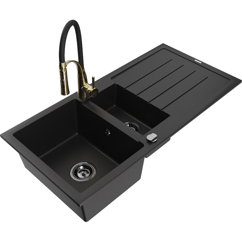 Mexen Andres fregadero de granito de 1,5 senos con escurridor y grifo de cocina Aster, negro - 6515-77-73450-57-B