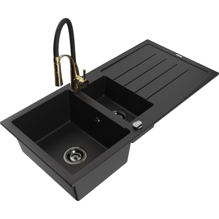 Mexen Andres granite sink 1.5-bowl with drainer and Aster kitchen tap, black - 6515-77-73450-57-B