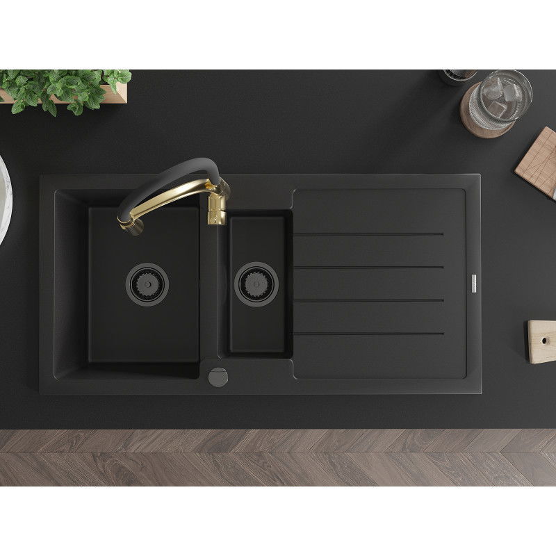 Mexen Andres granite sink 1.5-bowl with drainer and Aster kitchen tap, black - 6515-77-73450-57-B