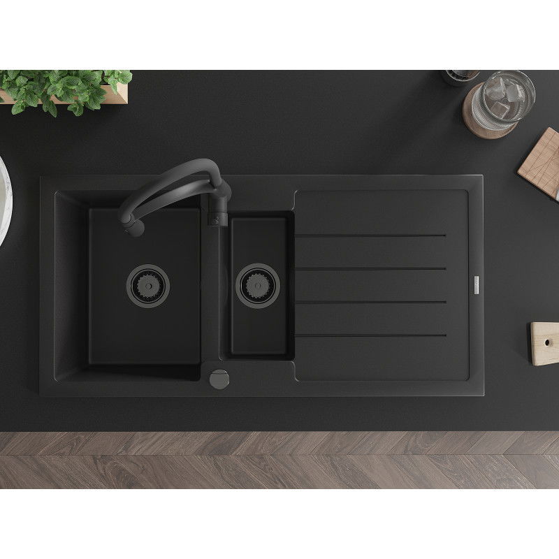 Mexen Andres 1.5-bowl granite sink with drainer and Aster kitchen tap, black - 6515-77-73450-70-B
