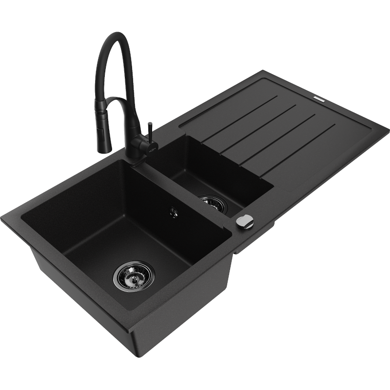Mexen Andres lava-loiça de granito 1,5-cubas com escorredor e torneira de cozinha Aster, preto - 6515-77-73450-70-B