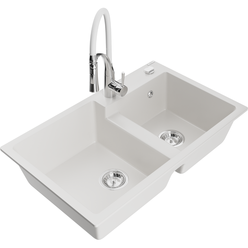 Mexen Tomas 2-osainen graniittiallas keittiöhanalla Aster, valkoinen - 6516-20-73450-02