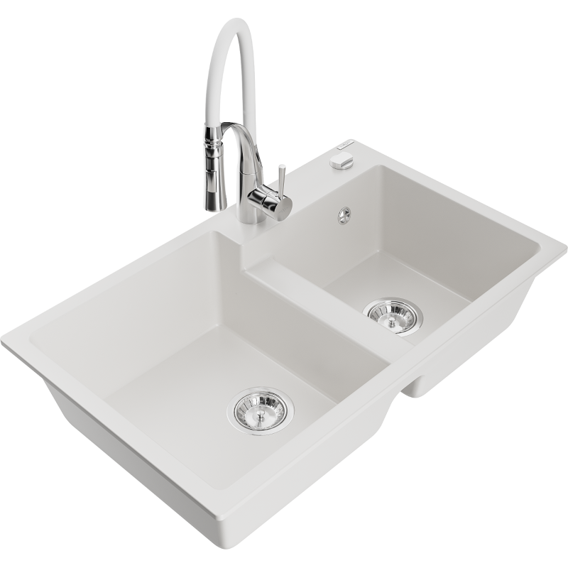 Mexen Tomas granieten gootsteen 2-kamer met keukenkraan Aster, wit - 6516-20-73450-02