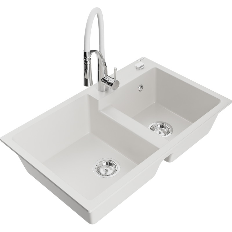 Mexen Tomas tweekamerige granieten spoelbak met keukenmengkraan Aster, wit - 6516-20-73450-02