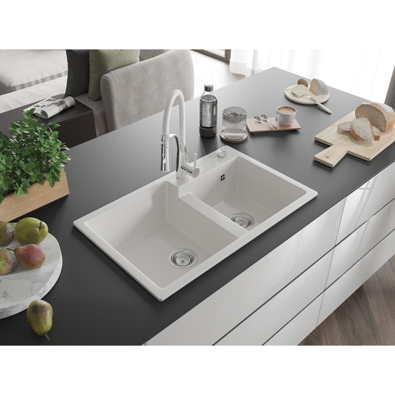 Mexen Tomas fregadero de granito de 2 compartimentos con grifo de cocina Aster, blanco - 6516-20-73450-02
