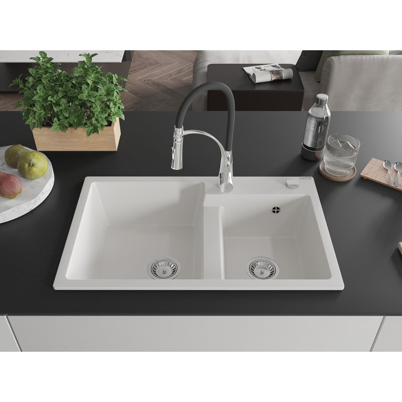 Mexen Tomas granite sink, 2-bowl with Aster kitchen tap, white - 6516-20-73450-07