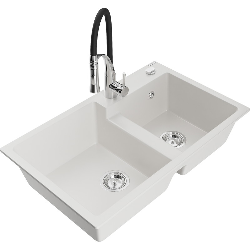 Mexen Tomas fregadero de granito de 2 compartimentos con grifo de cocina Aster, blanco - 6516-20-73450-07