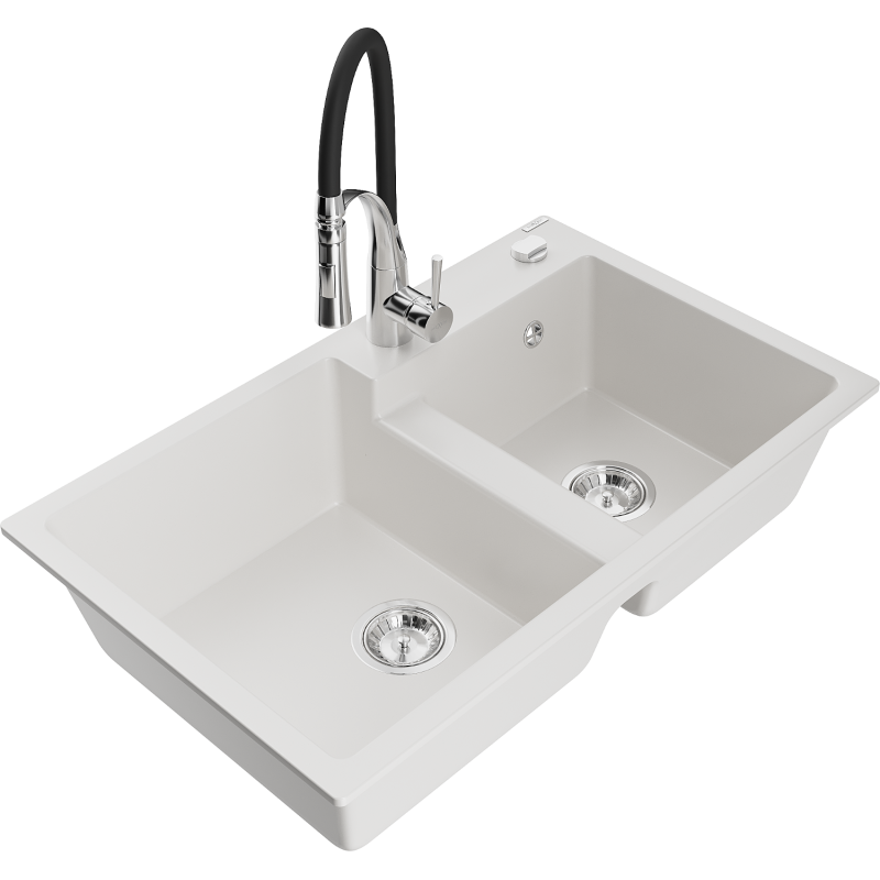 Mexen Tomas granieten spoelbak 2-kamer met keukenmengkraan Aster, wit - 6516-20-73450-07