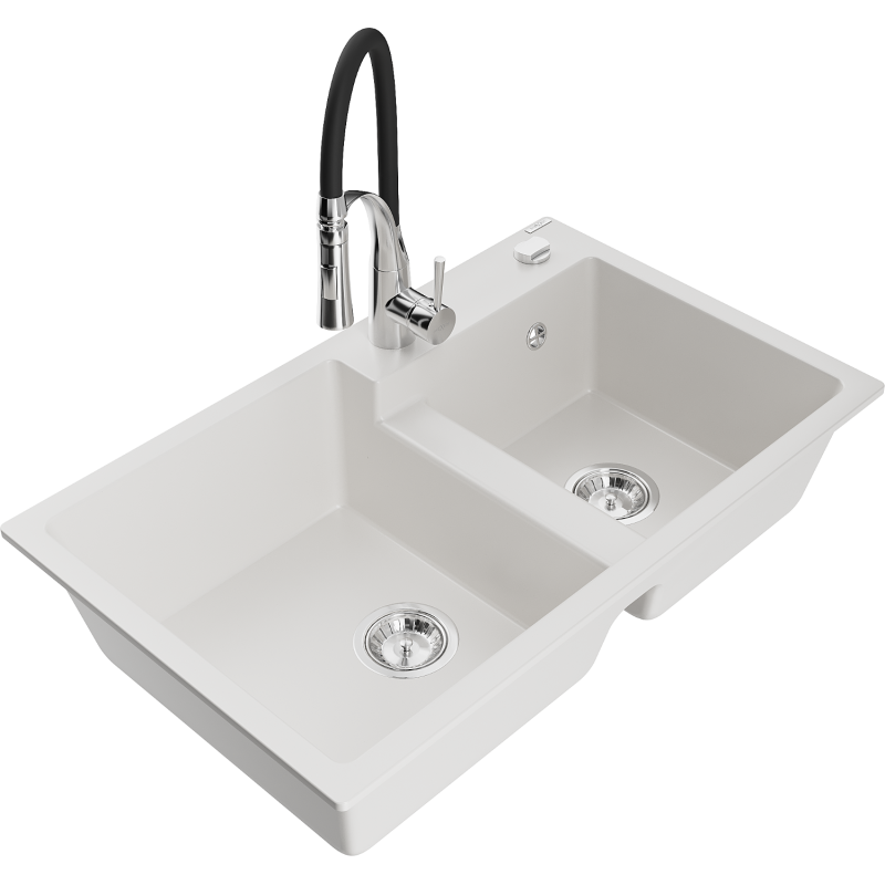 Mexen Tomas granite sink, 2-bowl with Aster kitchen tap, white - 6516-20-73450-07