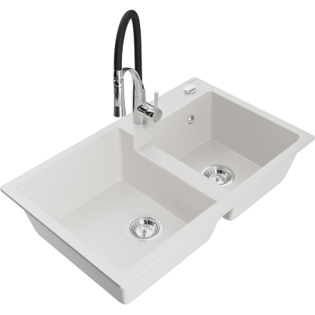Mexen Tomas granite sink, 2-bowl with Aster kitchen tap, white - 6516-20-73450-07