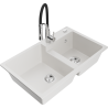 Mexen Tomas granite sink, 2-bowl with Aster kitchen tap, white - 6516-20-73450-07