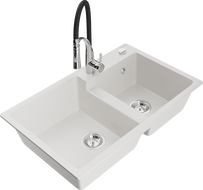Mexen Tomas granite sink, 2-bowl with Aster kitchen tap, white - 6516-20-73450-07