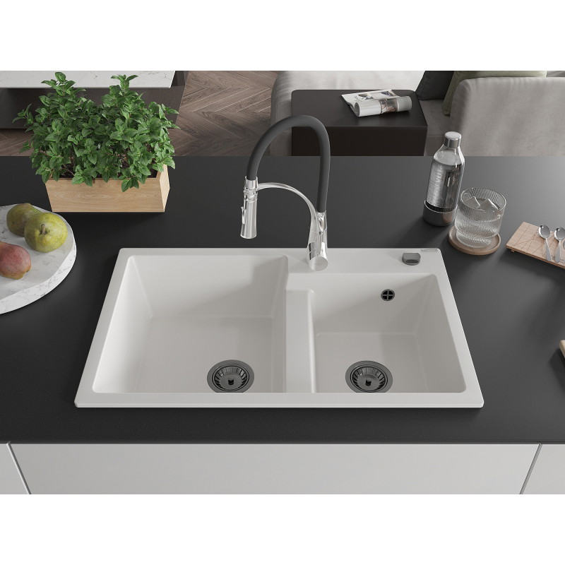 Mexen Tomas fregadero de cocina de granito de 2 senos con grifo Aster, blanco - 6516-20-73450-07-B