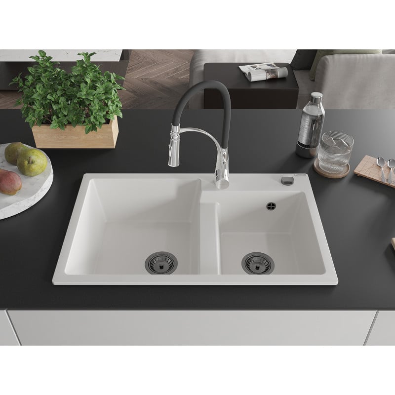 Mexen Tomas Granite 2-Bowl Sink with Aster Kitchen Tap, White - 6516-20-73450-07-B