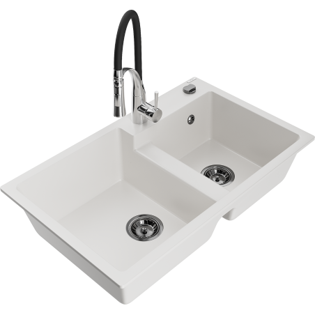 Mexen Tomas Granite 2-Bowl Sink with Aster Kitchen Tap, White - 6516-20-73450-07-B