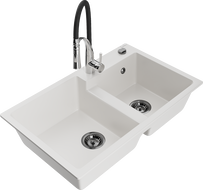 Mexen Tomas fregadero de granito de 2 compartimentos con grifo de cocina Aster, blanco - 6516-20-73450-07-B