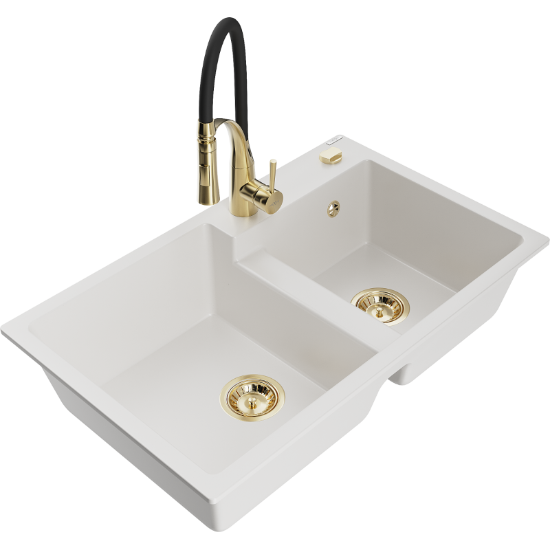 Mexen Tomas fregadero de granito de 2 compartimentos con grifo de cocina Aster, blanco - 6516-20-73450-57-G