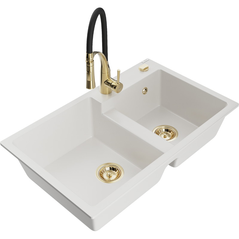 Mexen Tomas fregadero de granito de 2 senos con grifo de cocina Aster, blanco - 6516-20-73450-57-G