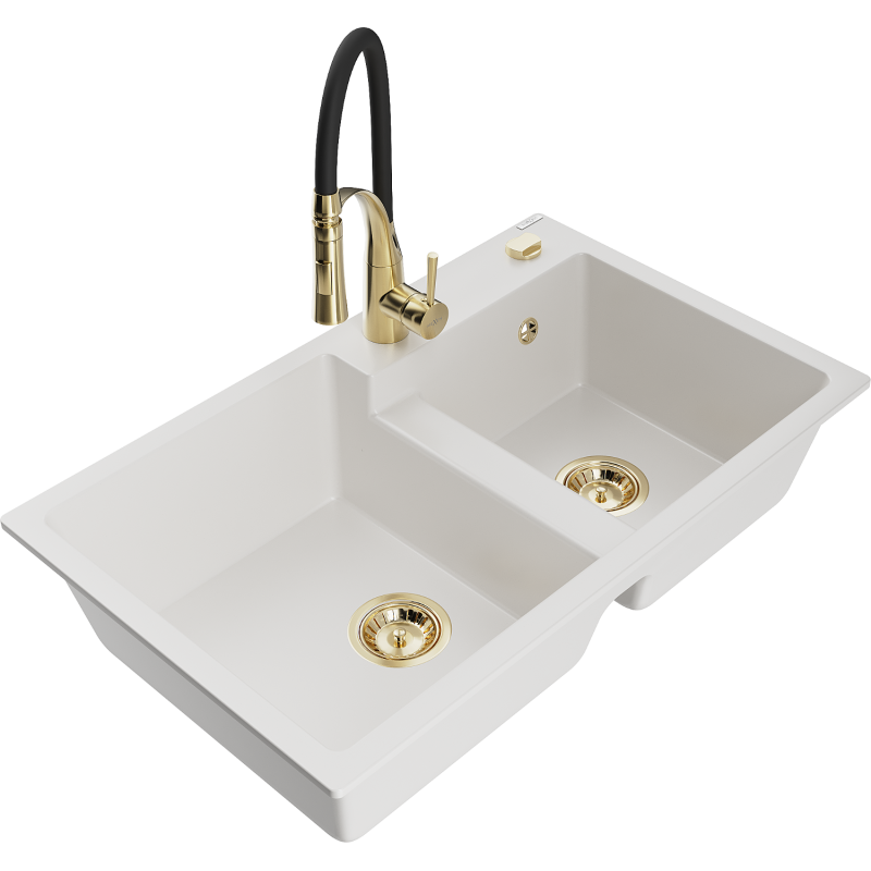 Mexen Tomas granieten spoelbak 2-kamer met keukenmengkraan Aster, wit - 6516-20-73450-57-G
