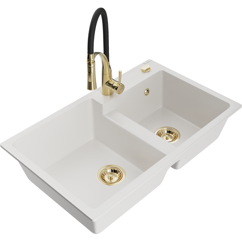 Mexen Tomas granite sink 2-chamber with Aster kitchen tap, white - 6516-20-73450-57-G