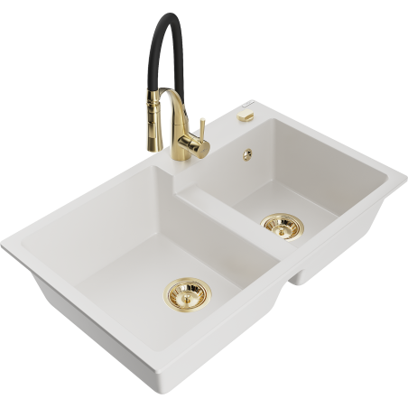 Mexen Tomas granieten spoelbak 2-kamer met keukenmengkraan Aster, wit - 6516-20-73450-57-G