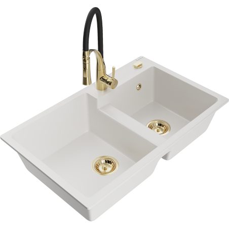 Mexen Tomas granite sink 2-chamber with Aster kitchen tap, white - 6516-20-73450-57-G
