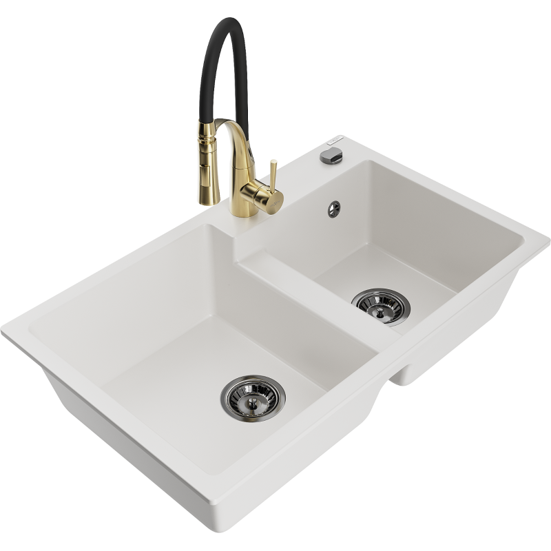 Mexen Tomas granite kitchen sink with 2 bowls and Aster kitchen tap, white - 6516-20-73450-57-B