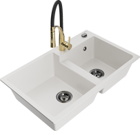 Mexen Tomas lava-loiça de granito de 2 cubas com torneira de cozinha Aster, branco - 6516-20-73450-57-B