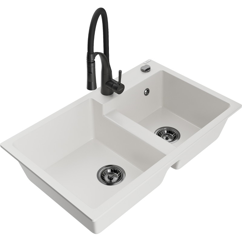 Mexen Tomas 2-komorige granieten spoelbak met keukenmengkraan Aster, wit - 6516-20-73450-70-B