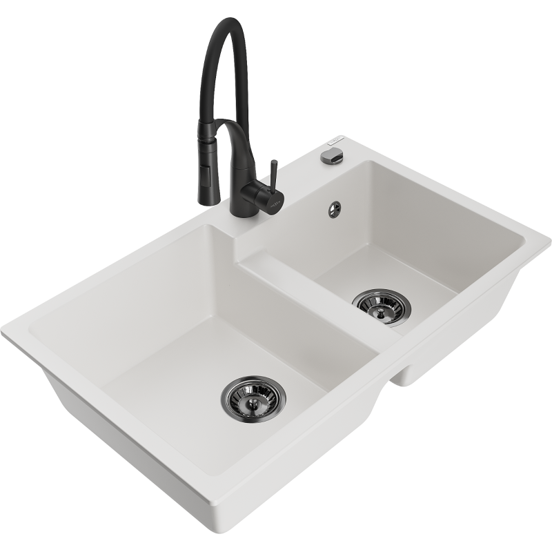 Mexen Tomas fregadero de granito de 2 senos con grifo de cocina Aster, blanco - 6516-20-73450-70-B