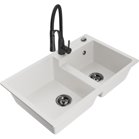 Mexen Tomas 2-bowl granite sink with Aster kitchen faucet, white - 6516-20-73450-70-B