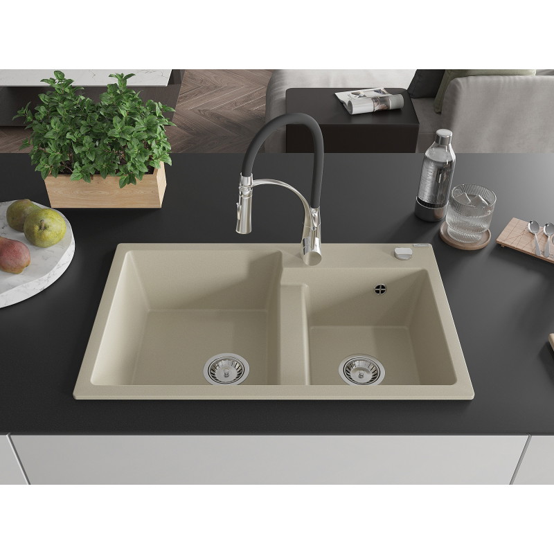 Mexen Tomas évier en granit à 2 bacs avec robinet de cuisine Aster, beige - 6516-69-73450-07