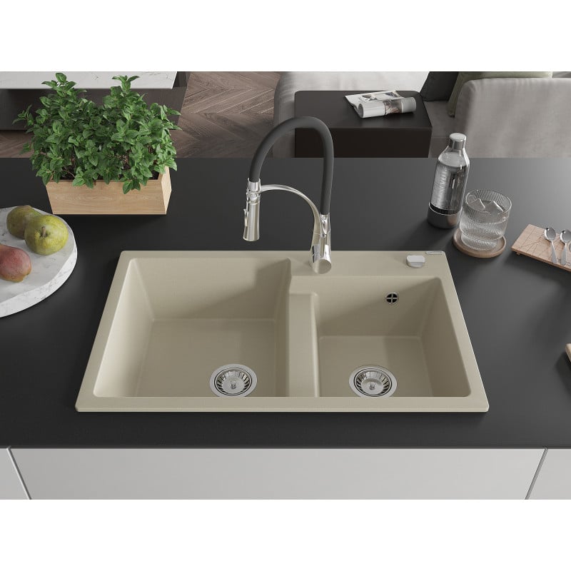 Mexen Tomas lavello in granito a 2 vasche con rubinetto da cucina Aster, beige - 6516-69-73450-07