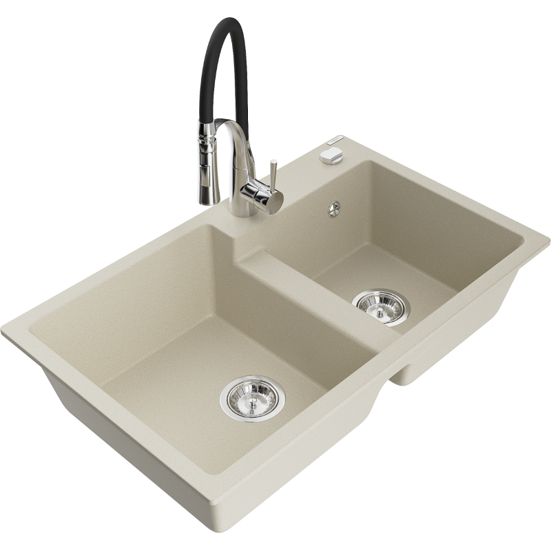 Mexen Tomas fregadero de granito de 2 compartimentos con grifo de cocina Aster, beige - 6516-69-73450-07