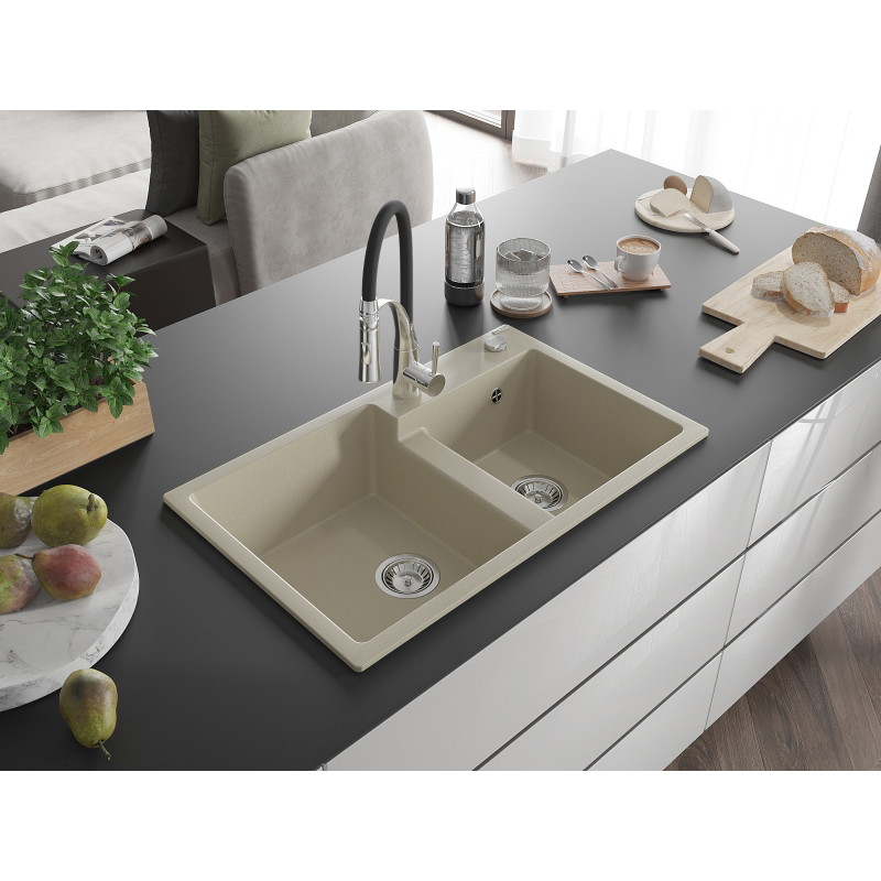 Mexen Tomas Granitspüle 2-Kammer mit Küchenarmatur Aster, beige - 6516-69-73450-07