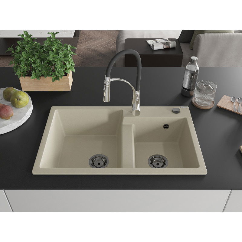 Mexen Tomas lavello in granito a 2 vasche con miscelatore cucina Aster, beige - 6516-69-73450-07-B