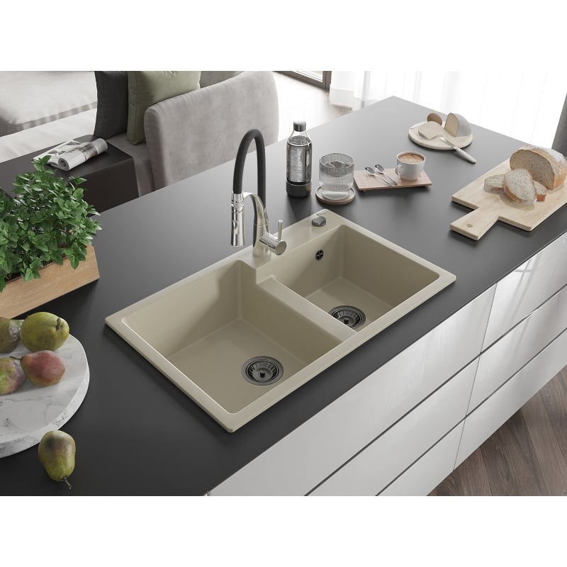 Mexen Tomas granite double-bowl sink with Aster kitchen faucet, beige - 6516-69-73450-07-B