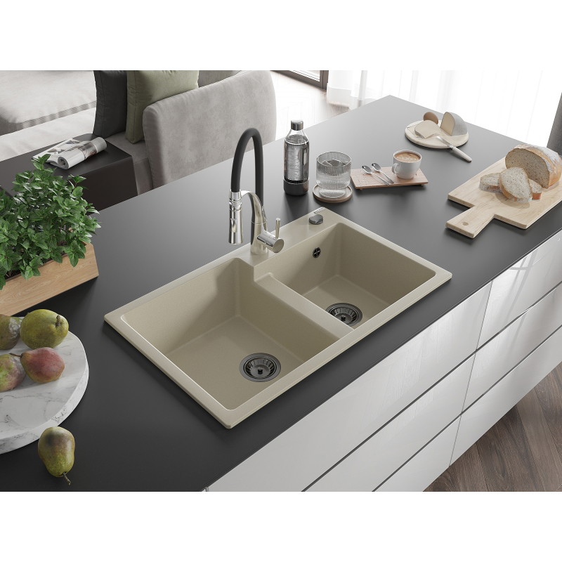 Mexen Tomas tweekamerige granieten gootsteen met keukenmengkraan Aster, beige - 6516-69-73450-07-B