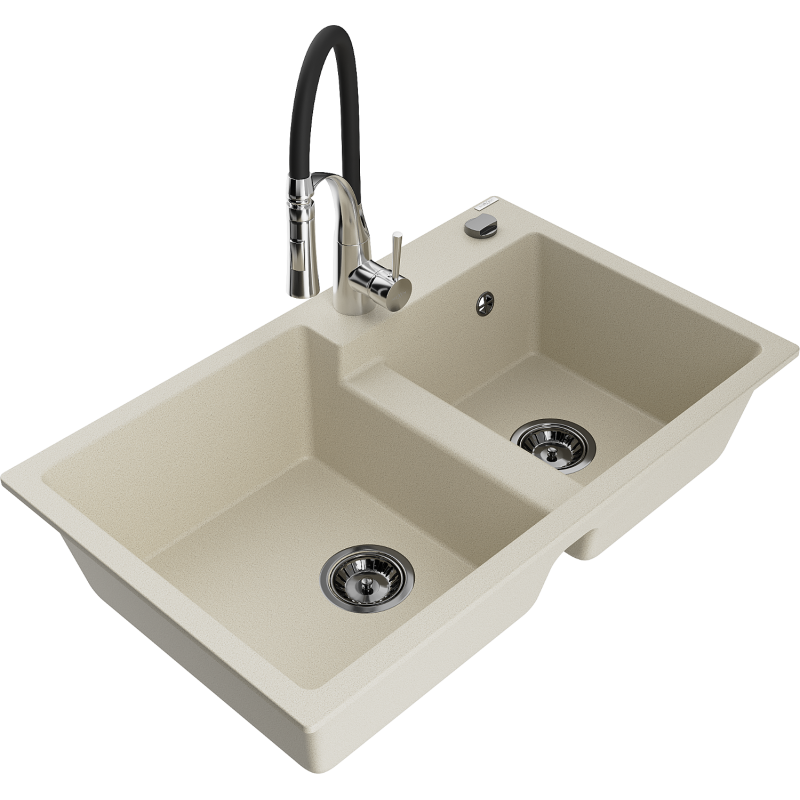 Mexen Tomas lava-loiça de granito de 2 cubas com torneira de cozinha Aster, bege - 6516-69-73450-07-B