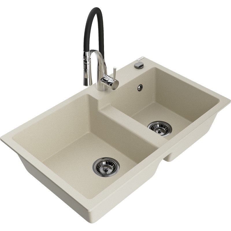 Mexen Tomas tweekamerige granieten gootsteen met keukenmengkraan Aster, beige - 6516-69-73450-07-B