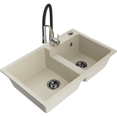 Mexen Tomas granieten spoelbak met 2 compartimenten en Astera keukenmengkraan, beige - 6516-69-73450-07-B