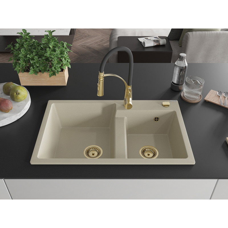 Mexen Tomas Granitspüle 2-Kammer mit Küchenarmatur Aster, beige - 6516-69-73450-57-G