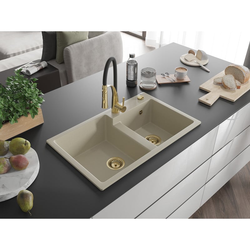 Mexen Tomas fregadero de granito de 2 compartimientos con grifo de cocina Aster, beige - 6516-69-73450-57-G