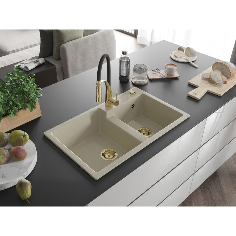 Mexen Tomas lavello in granito a 2 vasche con miscelatore da cucina Aster, beige - 6516-69-73450-57-G