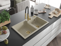 Mexen Tomas fregadero de granito de 2 compartimientos con grifo de cocina Aster, beige - 6516-69-73450-57-G
