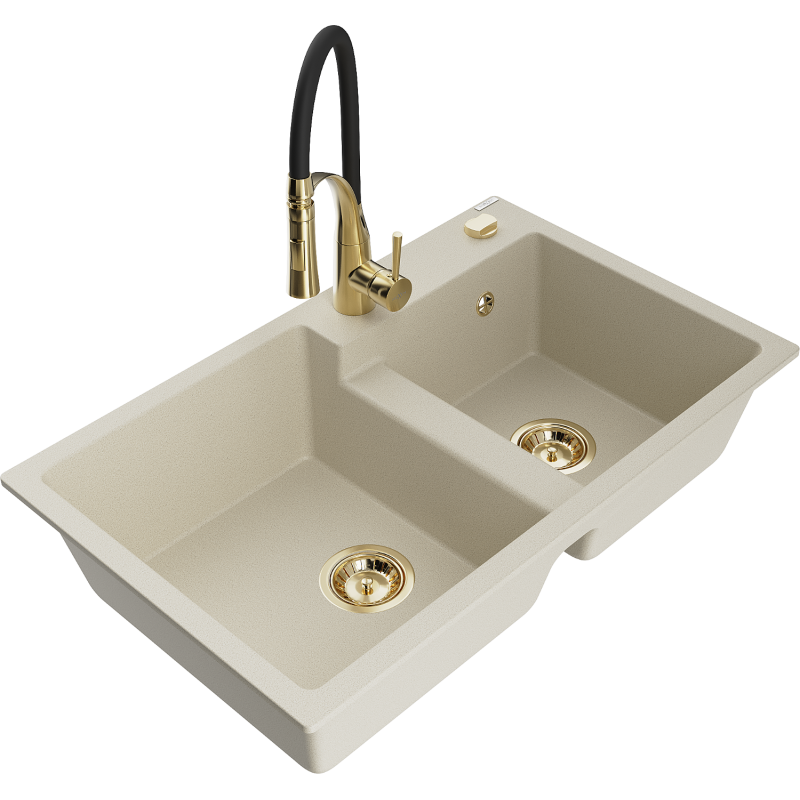 Mexen Tomas fregadero de granito de 2 compartimientos con grifo de cocina Aster, beige - 6516-69-73450-57-G