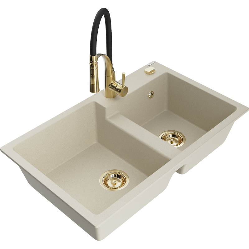 Mexen Tomas granieten spoelbak met 2 kamers en keukenkraan Aster, beige - 6516-69-73450-57-G